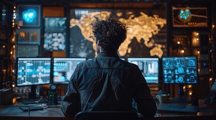 A man sits in a dark room in front of a large screen. He has curly hair and is wearing a blue shirt. He is looking at the screen, which is showing a map of the world. There are also other screens in t