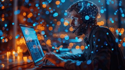 A man wearing a headset works on coding on his laptop late at night.