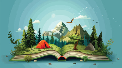 Fototapeta na wymiar Open green book of Camping Travel Landscape Vector illustration