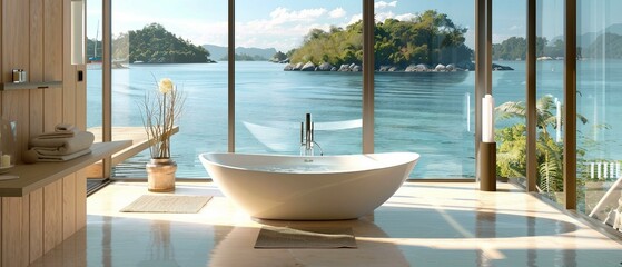 An opulent bathroom with expansive windows