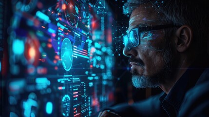 A man wearing glasses looks at a futuristic computer screen with a lot of data and information.