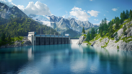 A serene dam nestled in a majestic mountain landscape