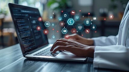 A person in a lab coat is typing on a laptop. A diagram of a computer network is superimposed on the image.