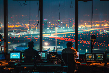 Air traffic controllers at work in the control tower, with a panoramic view of the airport runways and taxiways below The focus is on the controllers' concentration