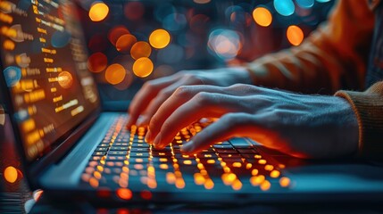 A person types on a laptop keyboard with orange backlighting against a blurred background of bokeh lights.