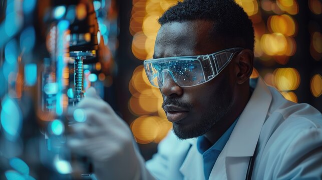 A young African-American scientist wearing a lab coat and safety glasses works in a modern laboratory.
