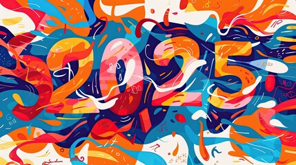 A vibrant abstract painting with a dynamic mix of swirling colors and shapes