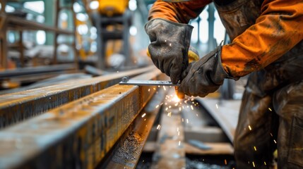 Photo of a welder using a level to make sure a steel beam is straight