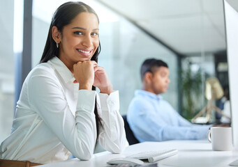 Tech support, callcenter and portrait of woman with smile, headset or consultant in customer...