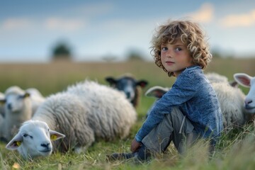 Young Boy Sitting in Field With Sheep