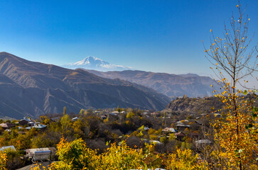 Goght village and Mount Ararat scenic view from Geghard Monastery road (Kotayk region, Armenia)