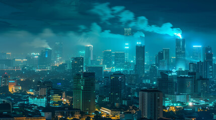 Fototapeta na wymiar City skyline bathed in neon blue hues at night