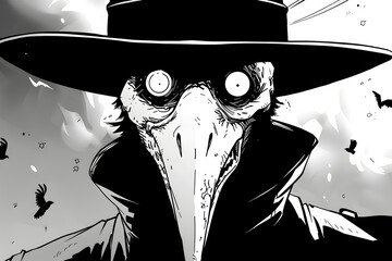 Detailed monochrome illustration of a plague doctor with a beaked mask and dramatic shadows, highlighting eyes