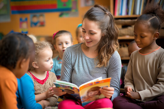 Children in kindergarten at a reading lesson