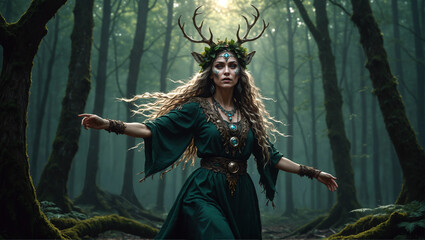 Slavic forest deity dancing in a shady forest, animal goddess, beautiful lady, green dress and jewelry, shamanic folklore, high detail, fantasy illustration, no AI artifacts