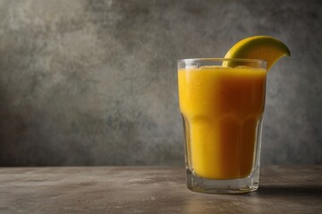 Fototapeta premium A refreshing mango smoothie in a clear glass, garnished with a slice of ripe mango on the rim. The striped red and white straw adds a touch of whimsy