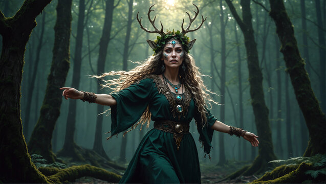 Slavic forest deity dancing in a shady forest, animal goddess, beautiful lady, green dress and jewelry, shamanic folklore, high detail, fantasy illustration, no AI artifacts
