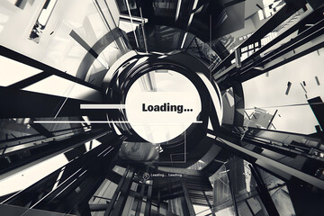 Monochromatic architecture with the word "loading" in a central circular structure, offering a futuristic perspective