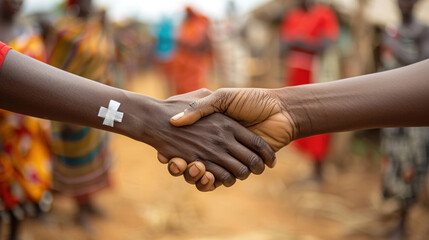Solidarity handshake against a backdrop of an African community, embodying World Humanitarian Day's ethos, poster