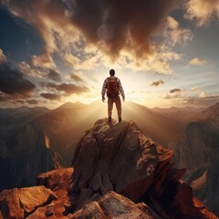Fototapeta premium A Man Standing on a Rocky Mountain Top Fictional Character Created By Generative AI. 