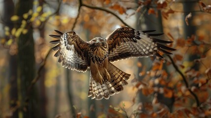 Short eared buzzard Asio otus flying between the trees in the forest outstretched . Generative Ai