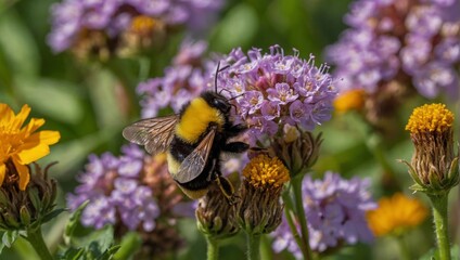 bee on flowers, collecting honey, pollen