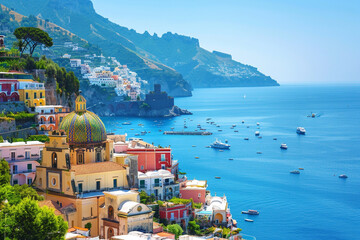 Amalfi Coast with colorful houses and blue sea