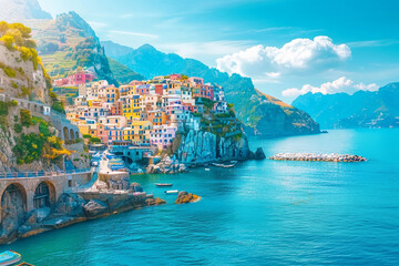 Amalfi Coast with colorful houses and blue sea