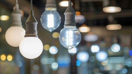 Modern lightbulbs suspended glowing amidst a bokeh backdrop