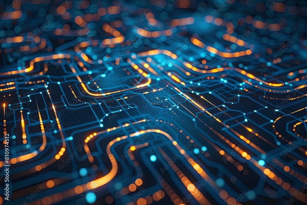 Poster a computer circuit board emitting a vibrant glow from various components and lights. generative ai