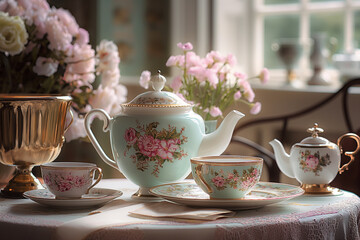 Bed set for afternoon tea with pastel pink, blue, yellow and green tea set. Tea party