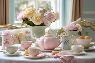 Bed set for afternoon tea with pastel pink, blue, yellow and green tea set. Tea party