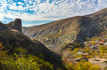 Bjni village and Saint Astvatsatsin Church scenic view from fortress ruins (Kotayk province, Armenia)