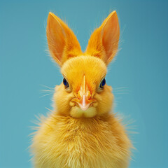 A yellow chicken with rabbit ears, looking at the camera, on a blue background. 