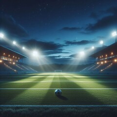 Night Game Ready: Pristine Soccer Field Under Starlit Sky with Central Spotlight on Ball