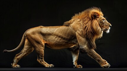 Side view of a Lion walking, looking at the camera, Panthera Leo. Generative Ai