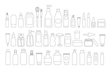 Big set of linear cosmetics packaging - jars, bottles, tubes, facial roller, brushes. Skin and body care, beauty routine, SPF protection. Organic eco cosmetics icons, logos, doodles. Coloring book. 