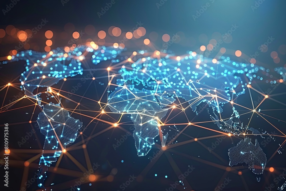 Poster a blue map of the world displaying a global network connection in the form of pinpoint locations and