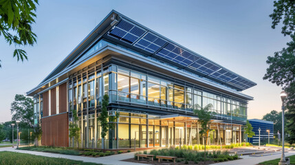 Fototapeta premium Modern eco-friendly building with solar panels at dusk
