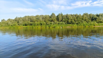 Shrubs and deciduous trees grow on the grassy banks of the river. There are ripples on the water. A heron stands in the water near the opposite bank. Sunny summer weather and blue sky