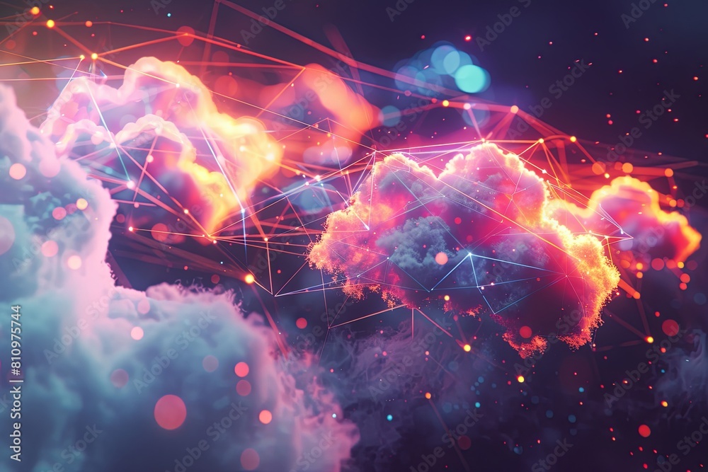 Poster abstract representation of cloud computing with colorful clouds featuring intricate patterns of line