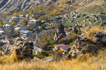 Saint Astvatsatsin Church and Bjni village scenic view from fortress ruins (Kotayk province, Armenia)