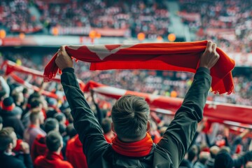 Back view of fan holding scarf high at soccer match, team spirit