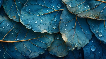 Blue leaves with raindrops up close.