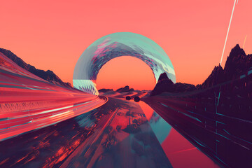 Surreal landscape with a reflective arch over a red futuristic highway leading to mountains