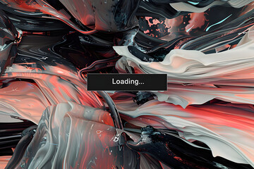 Abstract loading screen with fluid art style in red and black swirls and the word "loading" on a central dark bar
