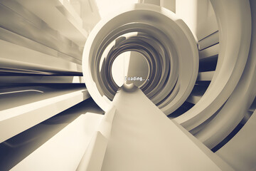 Monochromatic image of a futuristic tunnel in a spiral design with a vanishing point perspective and subtle textures and the word loading