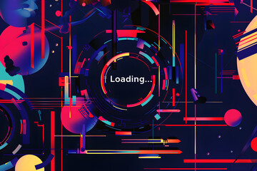 Abstract digital artwork with circular loading animation and the word "loading" in vibrant neon colors on a dark background