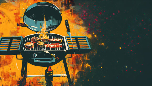 illustration of a black kettle bbq, summer time, bbq, backyard, barbecue, bar-b-q.