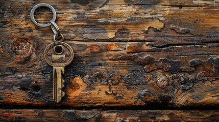 Antique key on weathered wooden background
